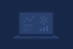 Illustration of a MacBook displaying data charts and neural network graphics, representing a MacBook for data science tasks