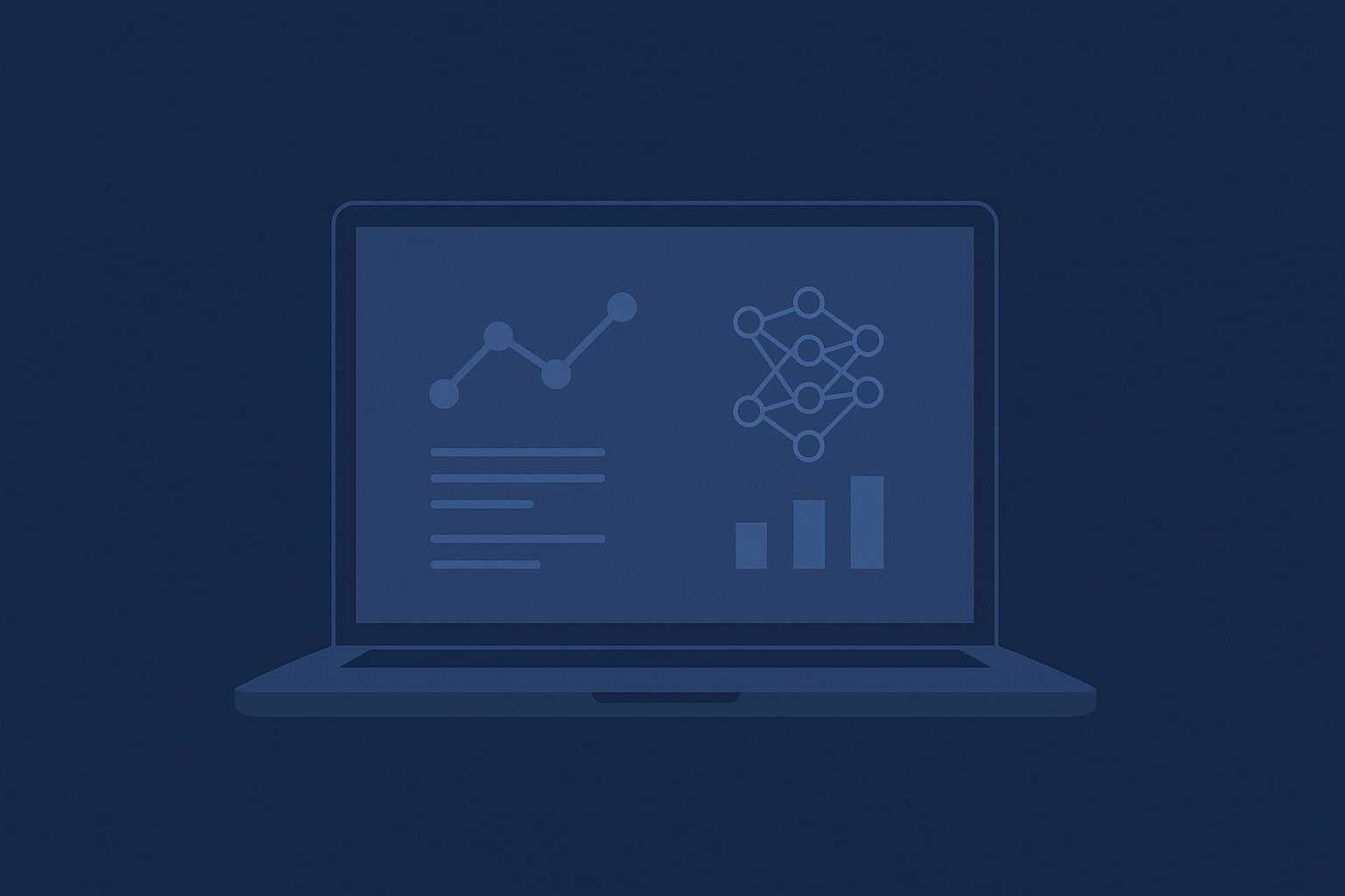 Illustration of a MacBook displaying data charts and neural network graphics, representing a MacBook for data science tasks