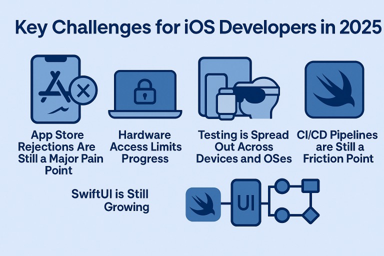Infográfico listando os principais desafios para os desenvolvedores de iOS em 2025, incluindo rejeições da App Store, acesso limitado a hardware, testes fragmentados entre dispositivos, problemas de crescimento do SwiftUI e dificuldades de configuração de CI/CD.