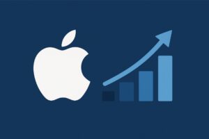 Logotipo da Apple ao lado de um gráfico de barras com tendência de alta, simbolizando o crescimento do desenvolvimento de aplicativos iOS em 2025