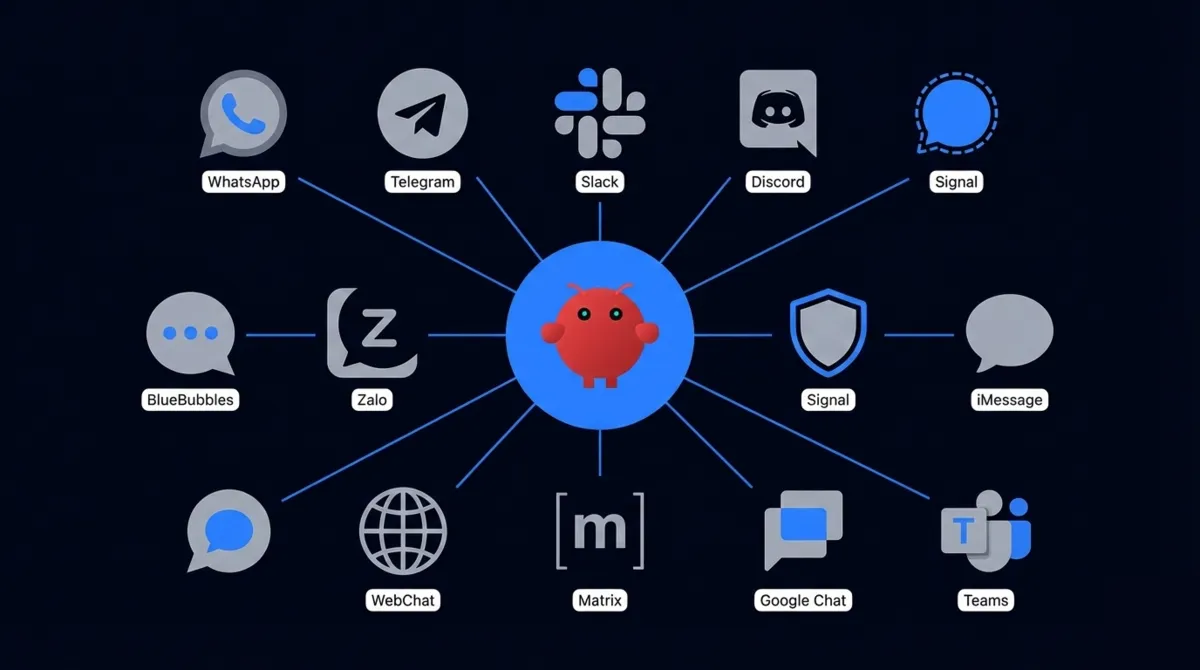 Grid of messaging platform icons supported by OpenClaw including WhatsApp Telegram Slack Discord iMessage and Signal