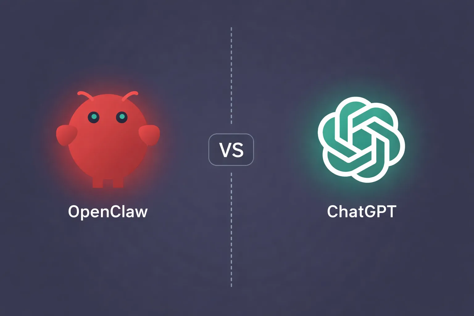 OpenClaw red logo and ChatGPT green knot icon facing each other with VS badge between them on a dark slate background