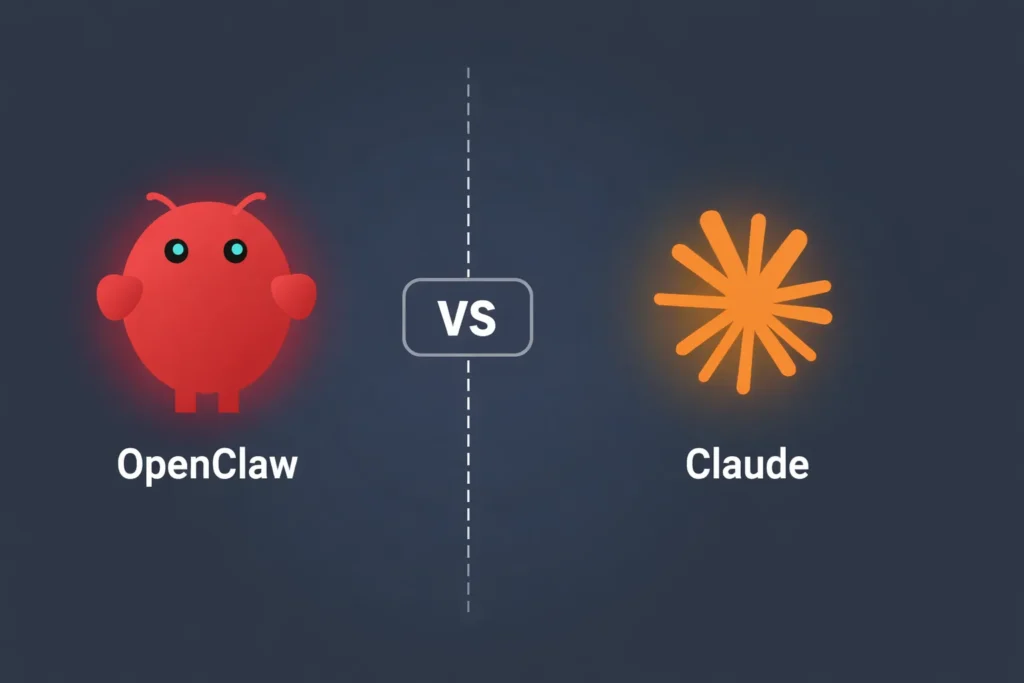 Logotipo de la langosta roja de OpenClaw y logotipo del sol naranja de Claude uno frente al otro con la insignia VS entre ellos sobre un fondo de pizarra oscura.