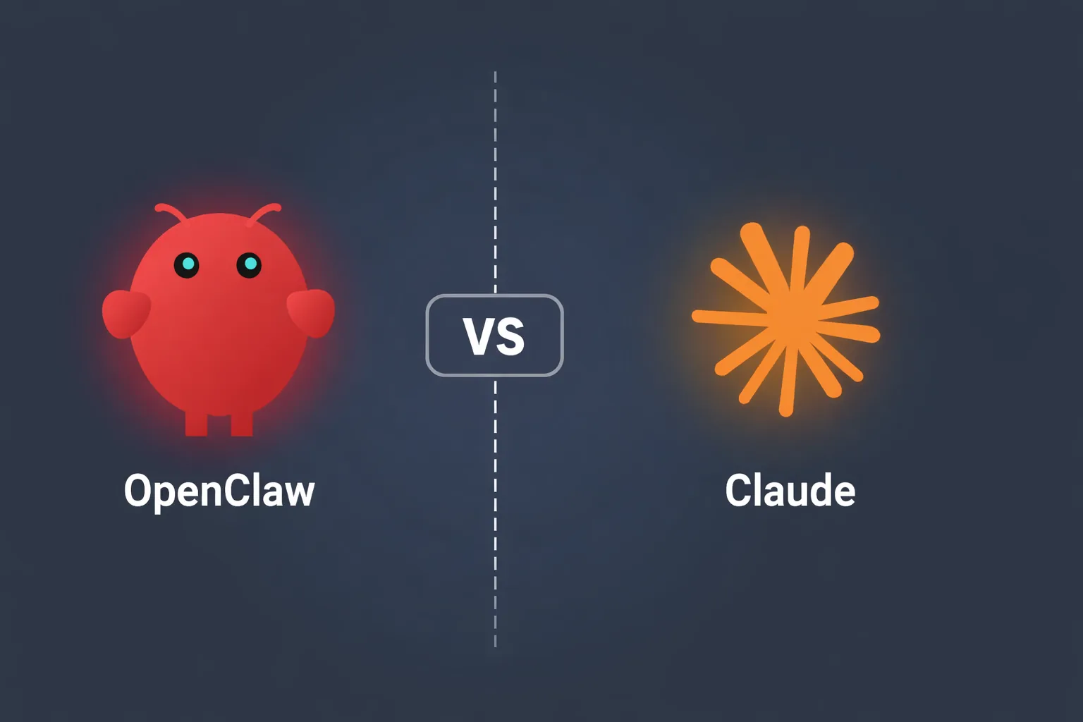 OpenClaw red lobster logo and Claude orange sunburst logo facing each other with VS badge between them on a dark slate background