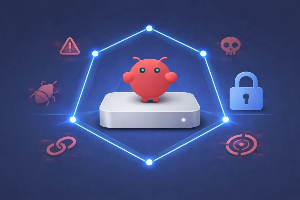 Mac Mini con el logotipo de OpenClaw dentro de un escudo de seguridad hexagonal brillante rodeado de iconos de amenazas sobre un fondo oscuro.
