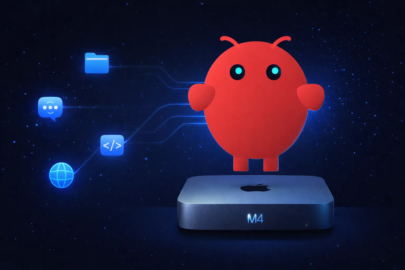 Stylized illustration of OpenClaw logo character standing on a Mac Mini with glowing connection lines to messaging and coding icons on a dark background
