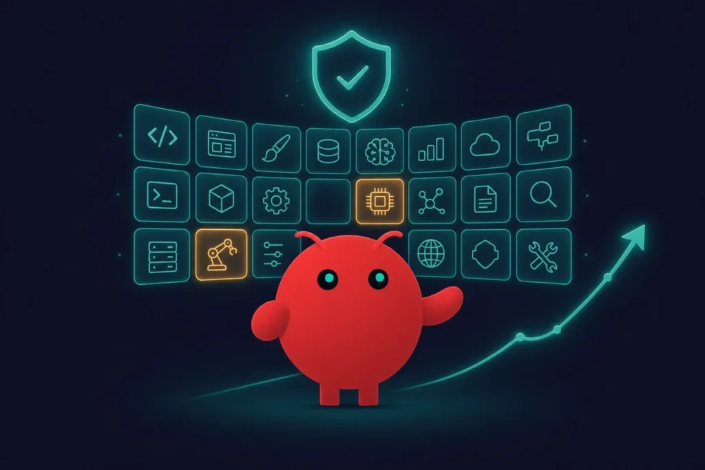 OpenClaw mascot amid a teal skills marketplace grid with a security shield on dark canvas