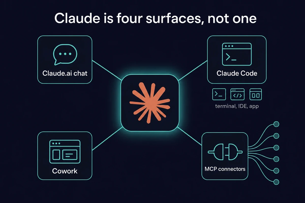Diagram of Claude's four surfaces: Claude.ai chat, Claude Code, Cowork, and MCP connectors around a central hub