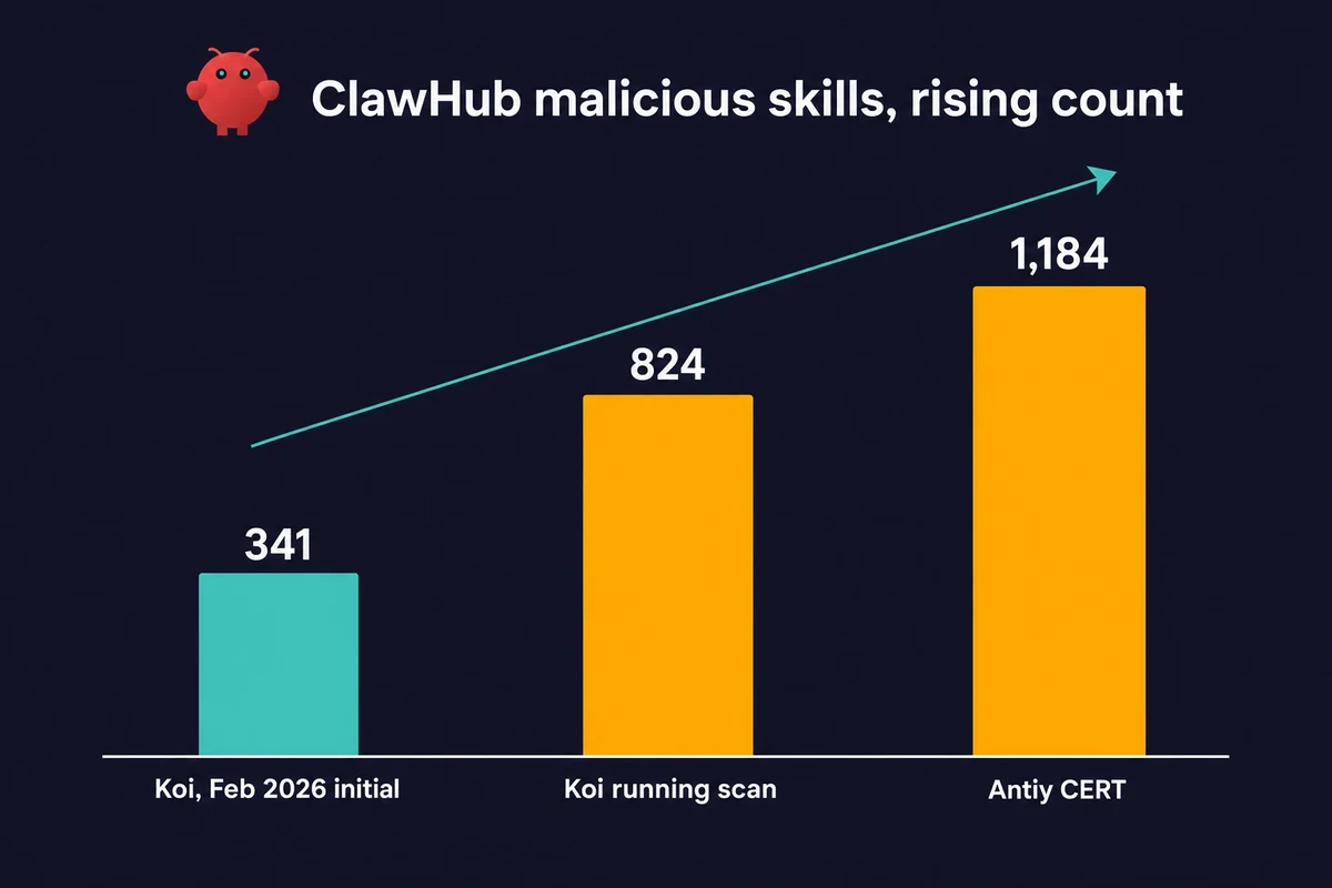 Rising count of malicious ClawHub OpenClaw skills at 341, 824 and 1,184