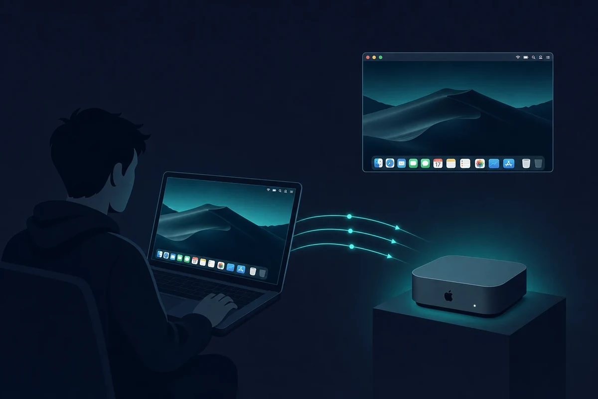 Developer at a Windows PC remotely reaching a cloud Mac mini over a teal connection