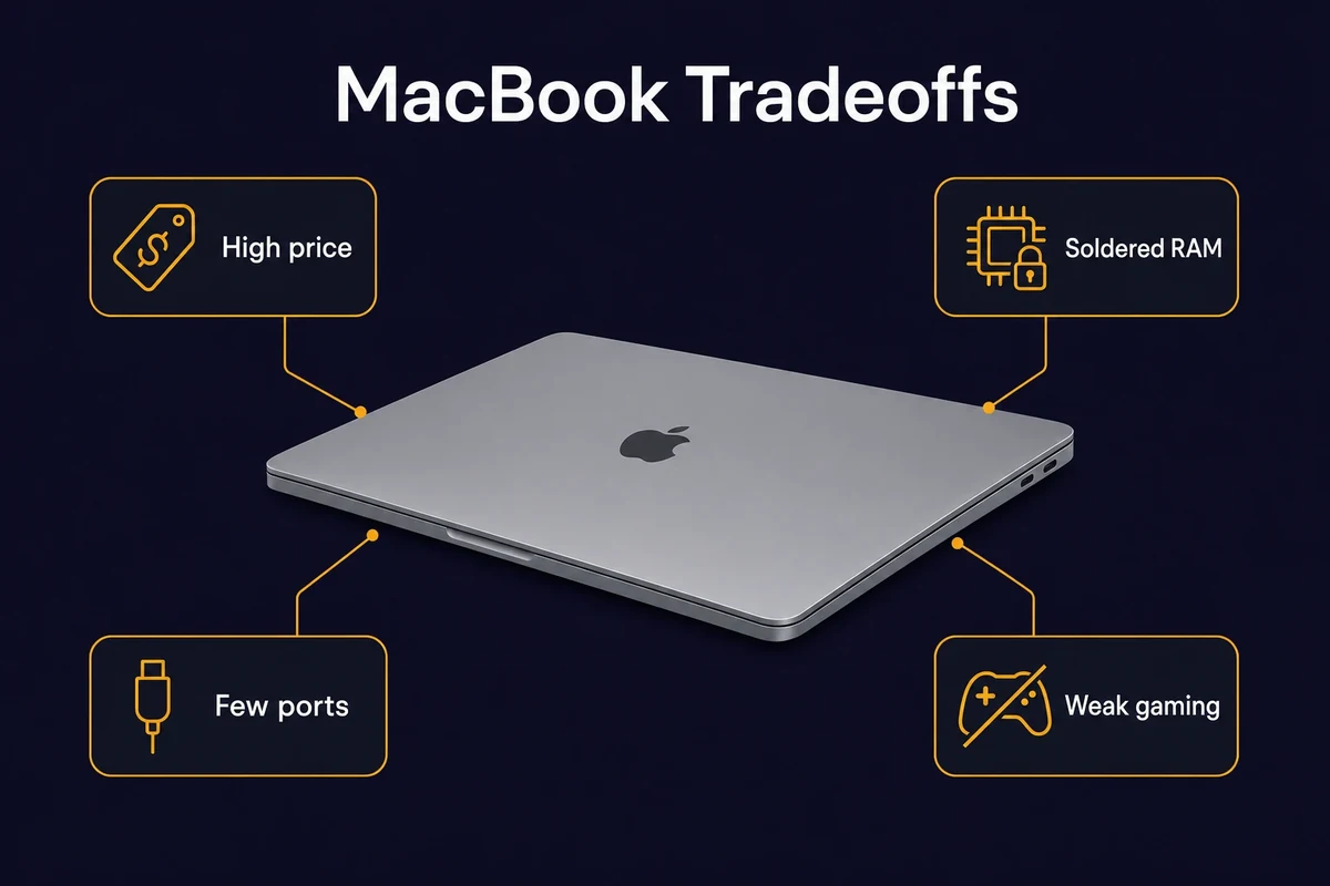MacBook cons in 2026 including high price, soldered RAM, few ports, and weak gaming