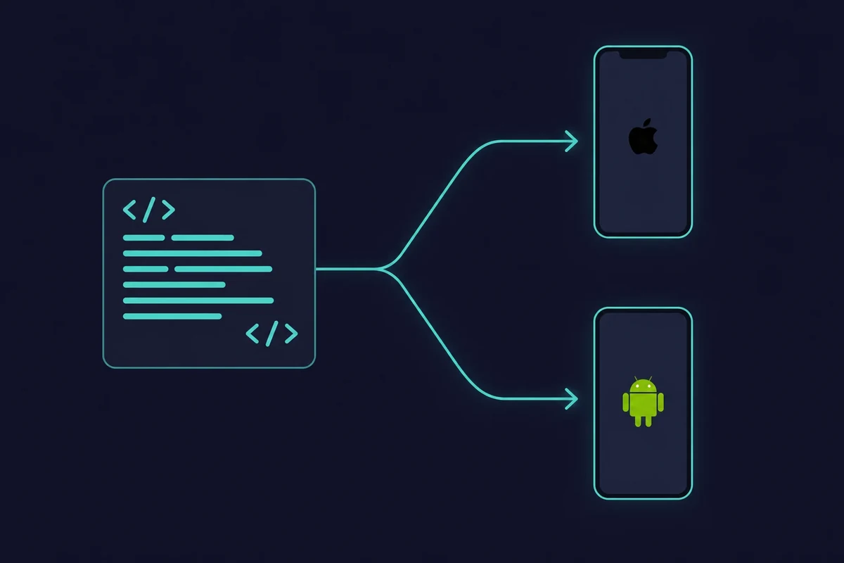One codebase branching into an iOS and an Android app, a cross-platform alternative to Xcode for Windows