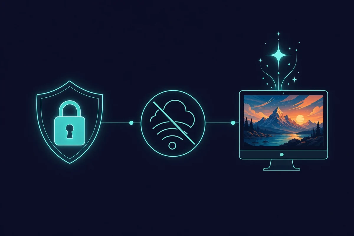 Why run Flux locally: a privacy padlock, an offline no-signal icon, and a Mac generating AI art on-device