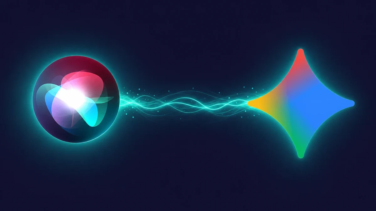 Apple Siri voice orb linked by a glowing teal connection to the Google Gemini mark