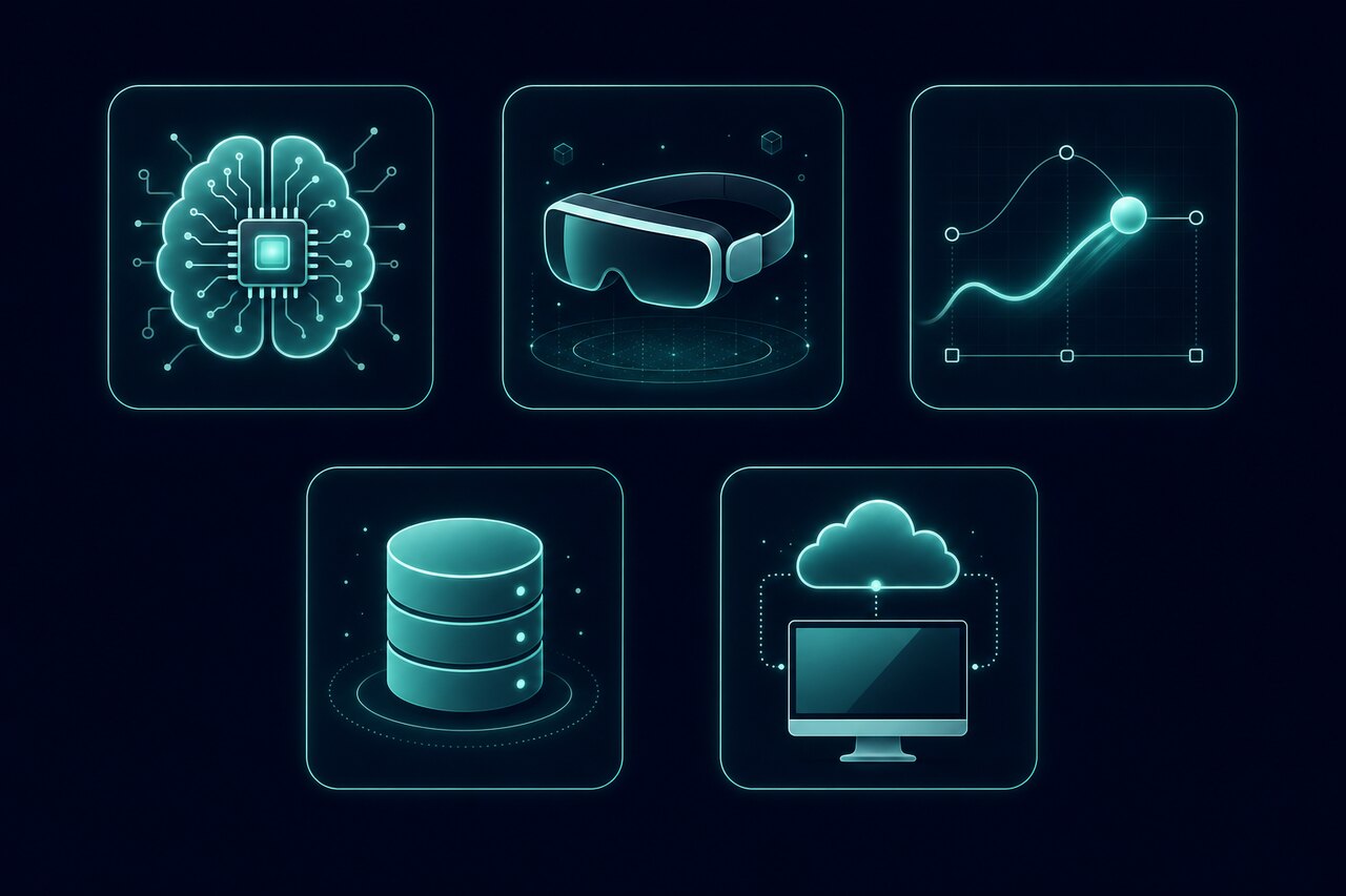 Infographic highlighting key trends in iOS development, including AI with Core ML, augmented reality, motion design, SwiftData, and the strategic advantage of cloud-based macOS access.