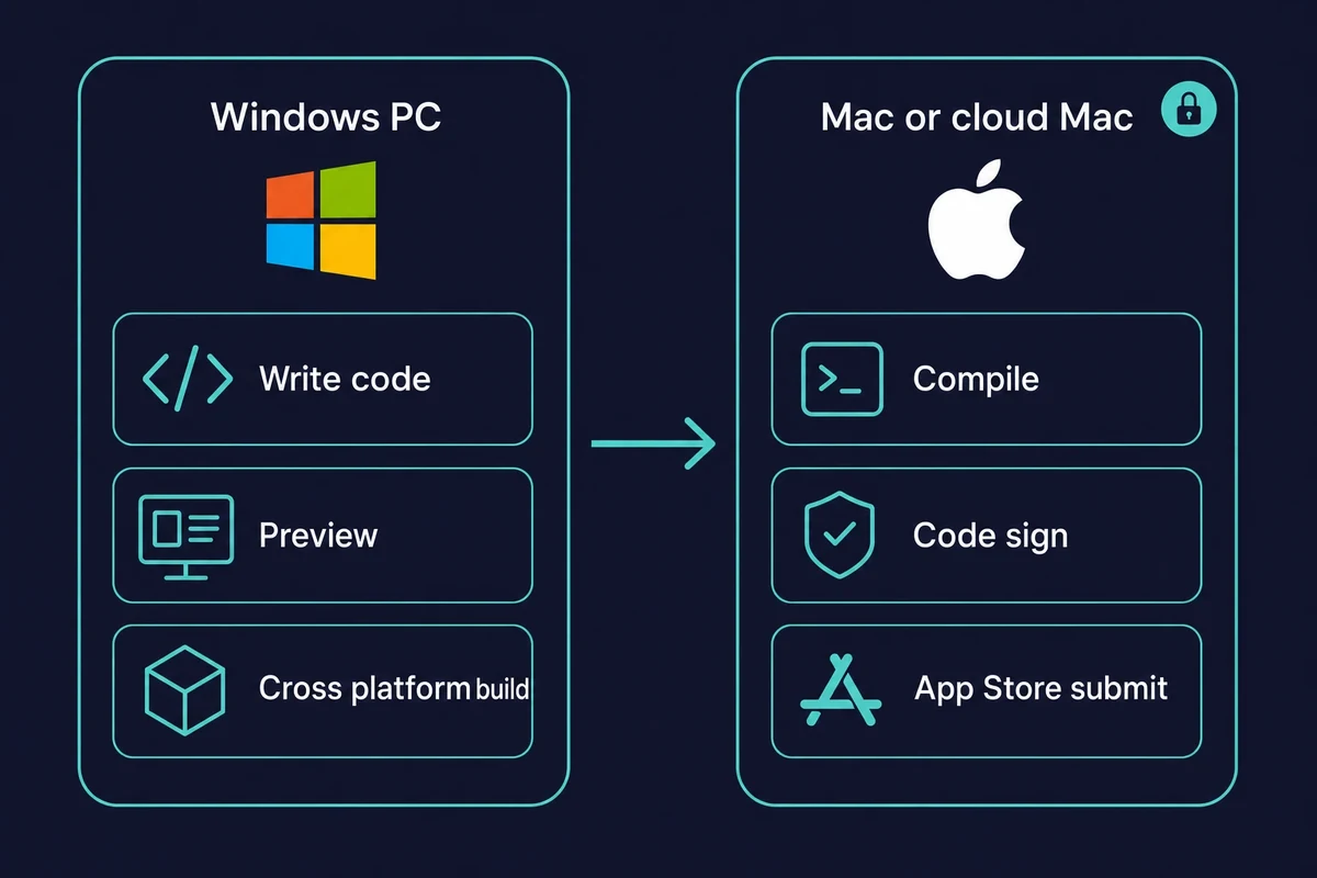 Develop iOS apps on Windows build flow: write and preview on Windows, compile and submit on a Mac