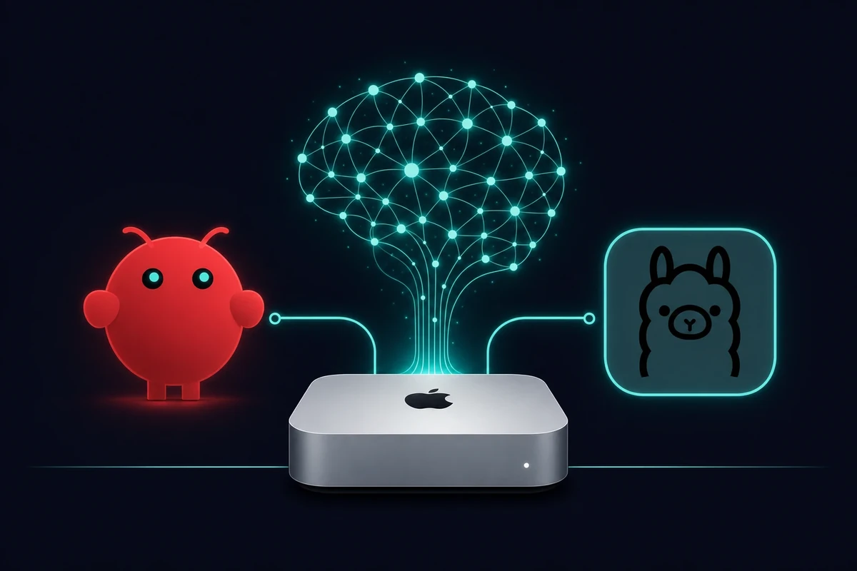 OpenClaw mascot, a Mac Mini with the Apple logo running a local LLM as a glowing teal neural core, and the Ollama llama logo, showing agent, model, and runtime working together on one Mac
