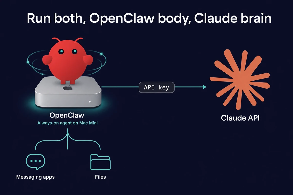 Run-both architecture: OpenClaw on a Mac Mini connected to the Claude API by an API key, with messaging and files