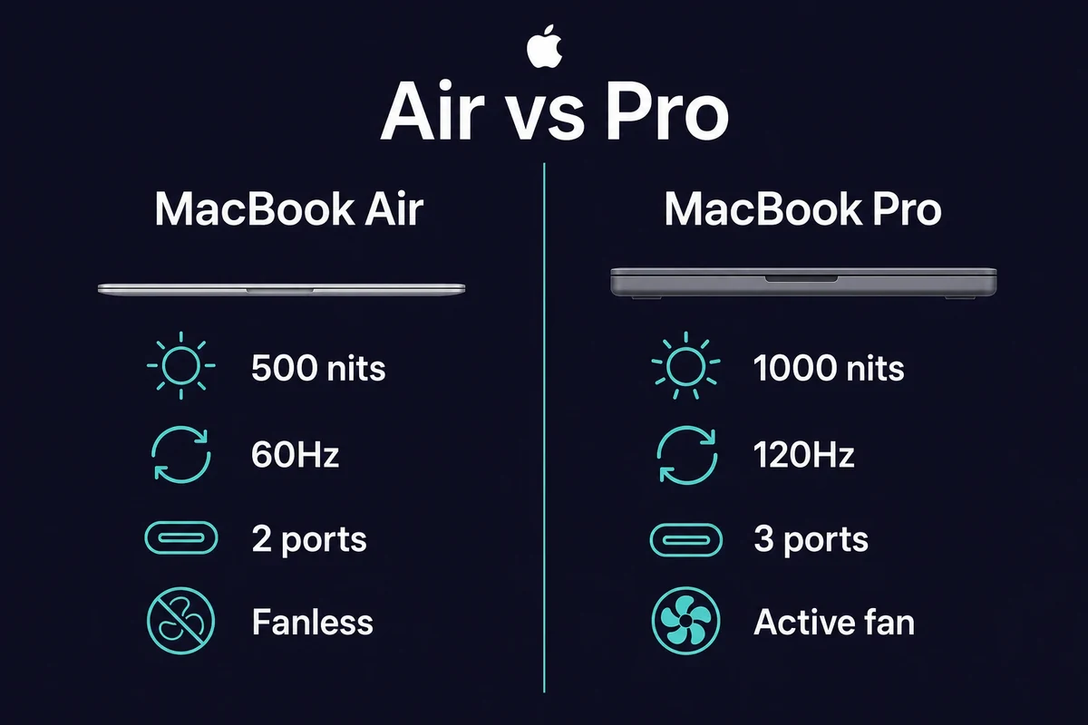 MacBook Air vs Pro comparison of brightness, refresh rate, ports, and cooling specs