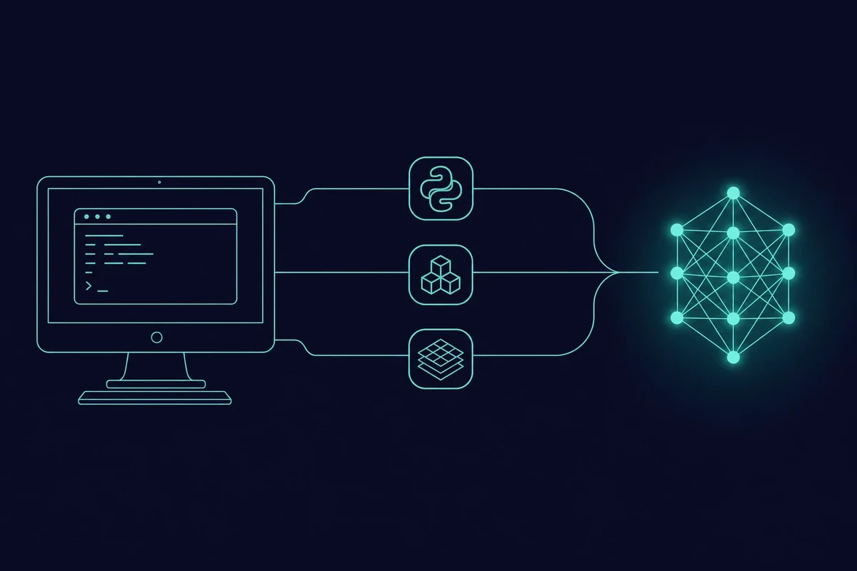 Setup flow for ML on a Mac: terminal feeding Python, a package manager and a framework into a trained model