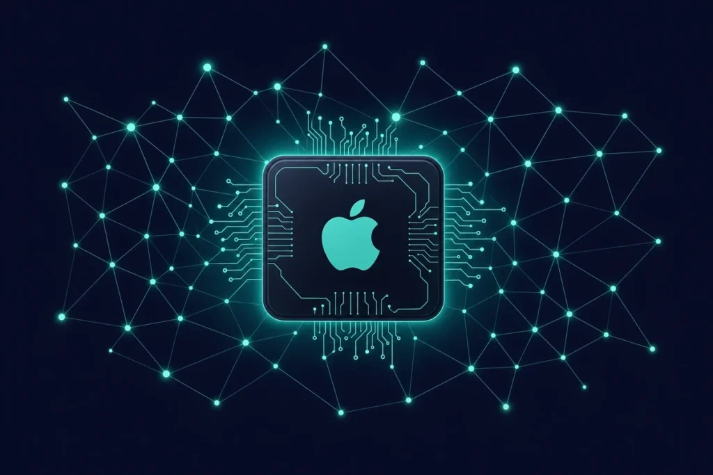 Apple Silicon chip with the Apple logo and a teal neural network, illustrating machine learning on a Mac