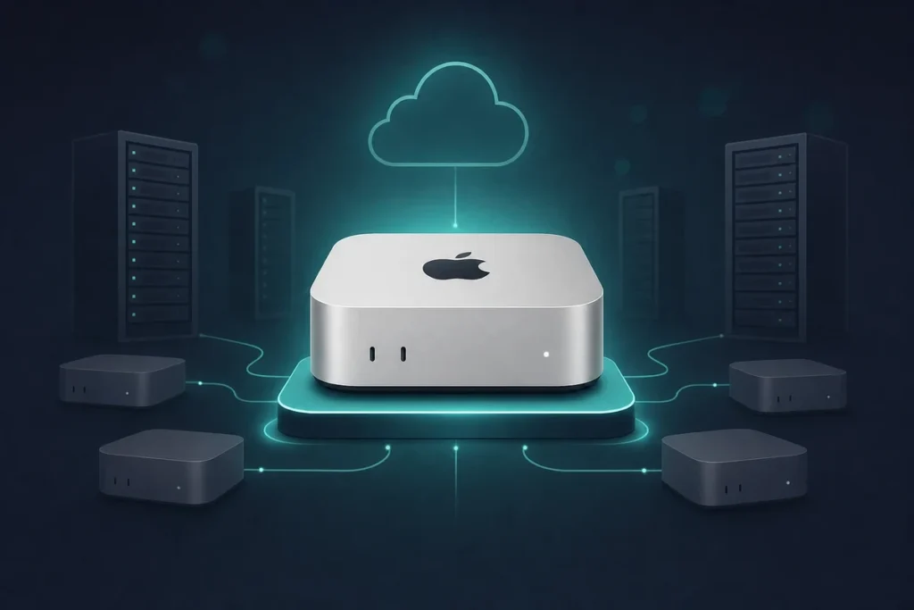 Dedicated cloud Mac mini M4 standing out as the top MacinCloud alternative on a dark teal datacenter backdrop