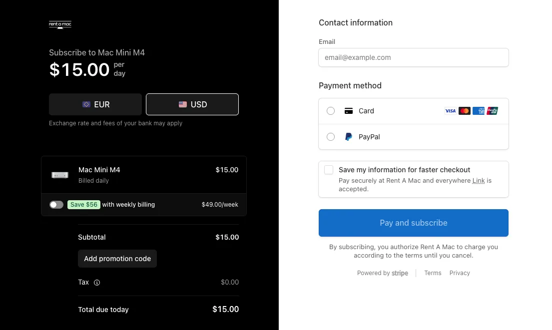 Rentamac.io checkout page for a Mac Mini M4 subscription at $15 per day, with card and PayPal payment via Stripe