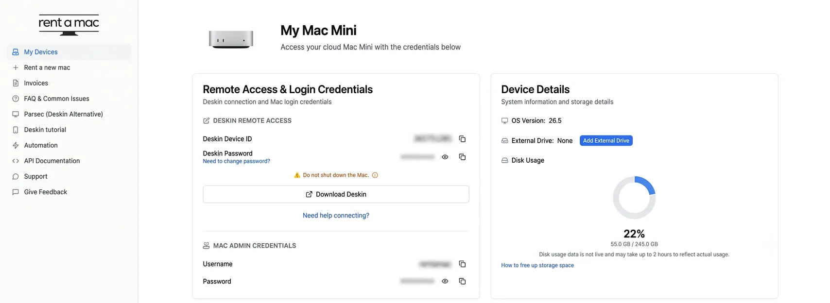 Rentamac.io dashboard showing remote access credentials and the Download DeskIn button for a cloud Mac Mini