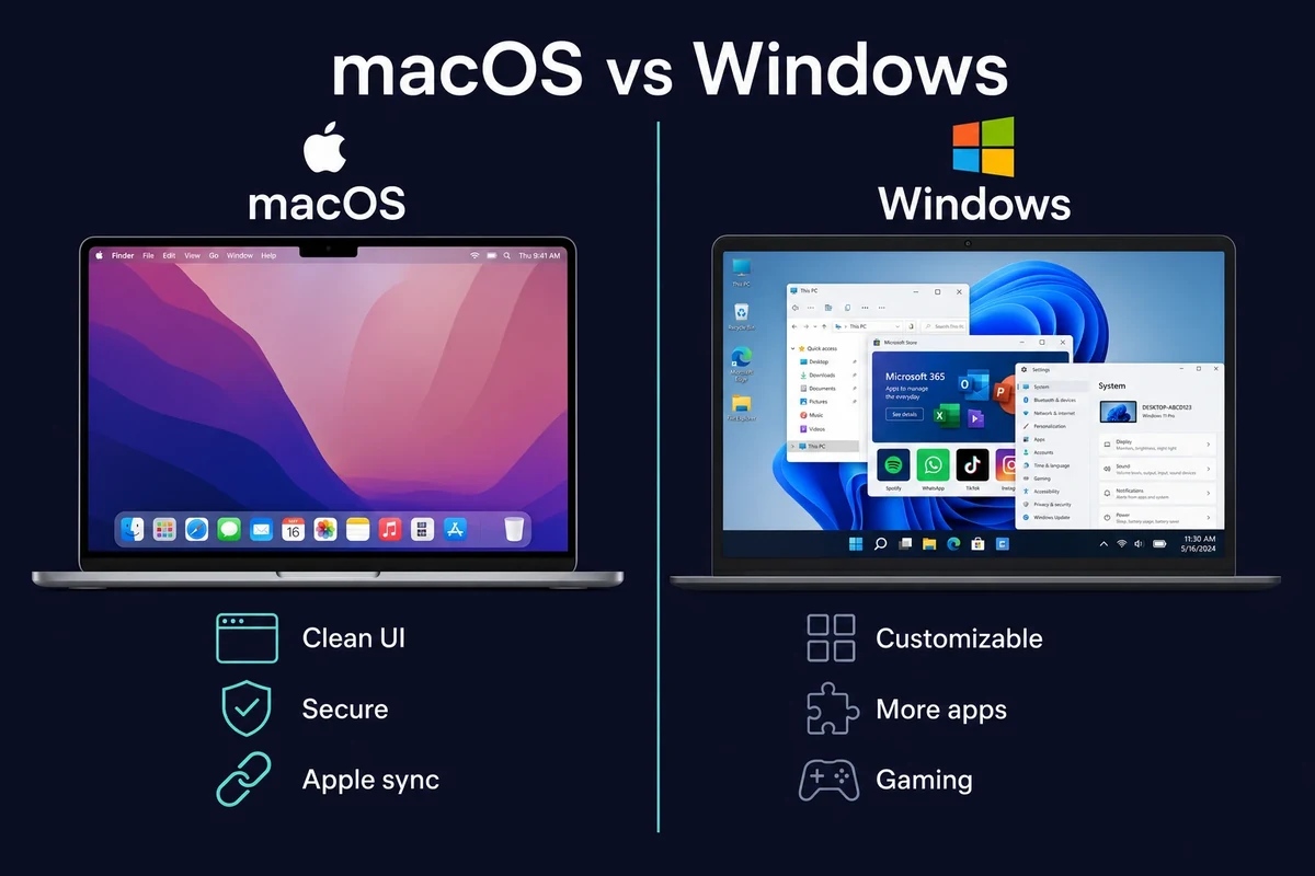 macOS versus Windows laptop comparison showing interface, security, and app differences side by side