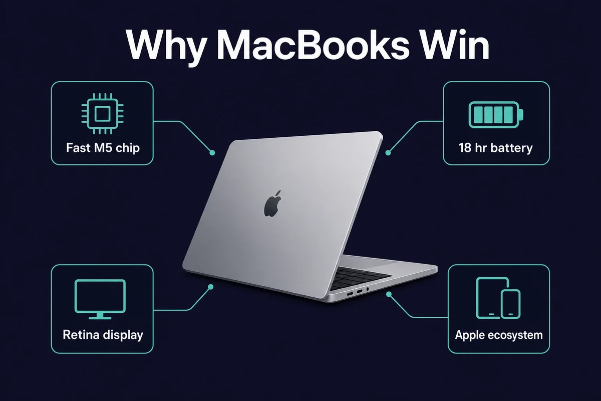 MacBook pros for 2026 including the fast M5 chip, long battery, Retina display, and Apple ecosystem
