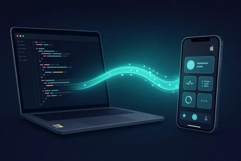 Windows laptop bridging React Native code to an iPhone iOS app over teal light