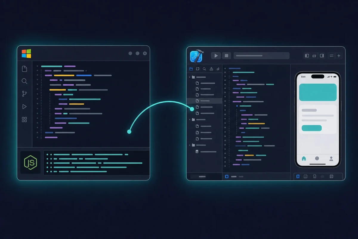 Windows code editor and Xcode IDE side by side for React Native iOS setup