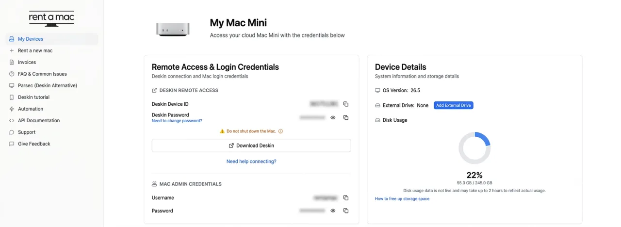 Rentamac.io dashboard showing Mac Mini remote access and login credentials