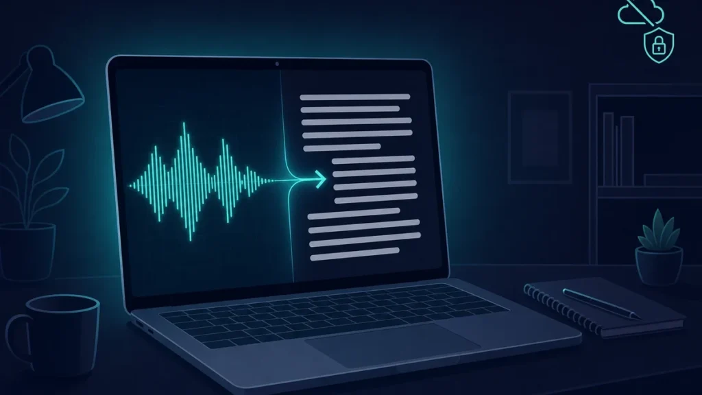 Run Whisper locally on a laptop turning an offline audio waveform into transcribed text