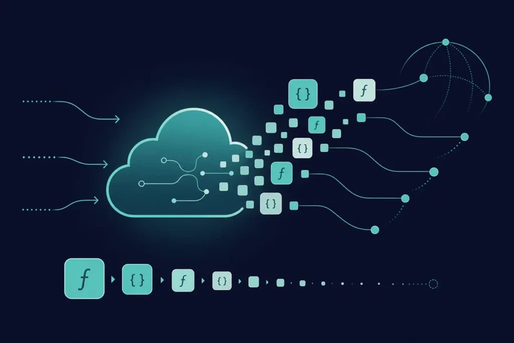 Serverless computing illustration of a cloud spawning function blocks to teal edge nodes
