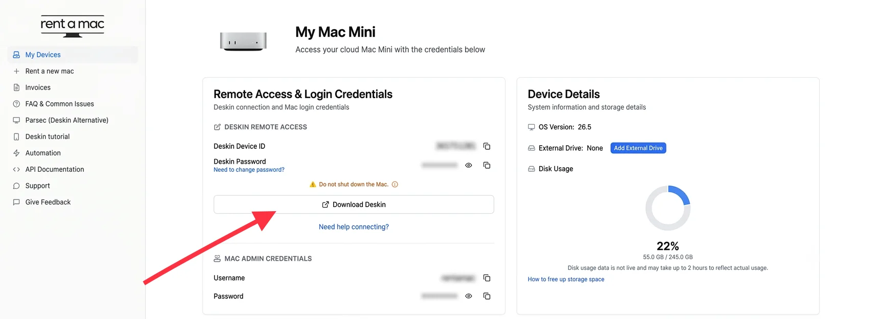 Rentamac.io dashboard with an arrow pointing to the Download DeskIn button for remote access to a rented Mac