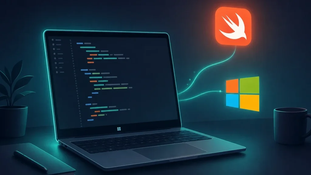 Swift development on Windows laptop running a Swift code editor, with Swift and Windows logos
