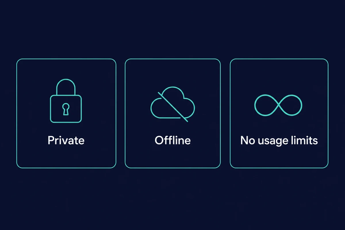 Three reasons to run Whisper locally: private, offline, and no usage limits