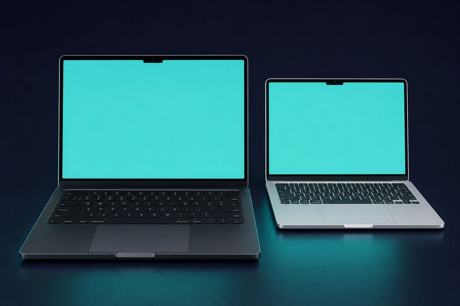 A space black MacBook Pro and a silver MacBook Air, both open and viewed from the front