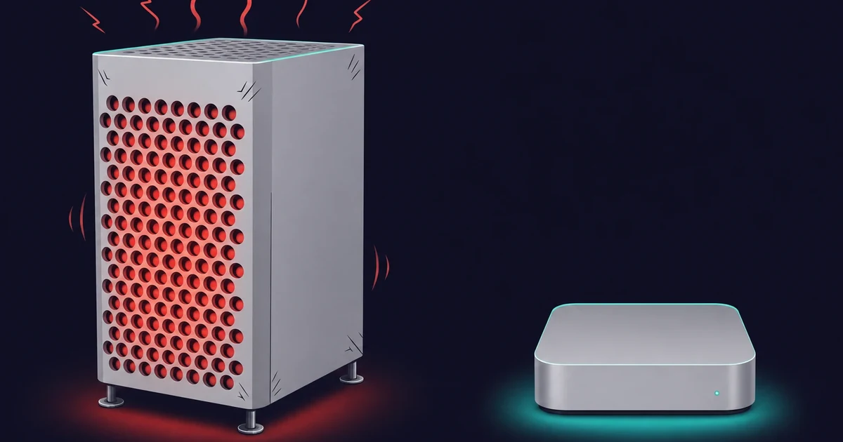 Large Mac Studio under heavy load beside a calm Mac mini running a smaller model