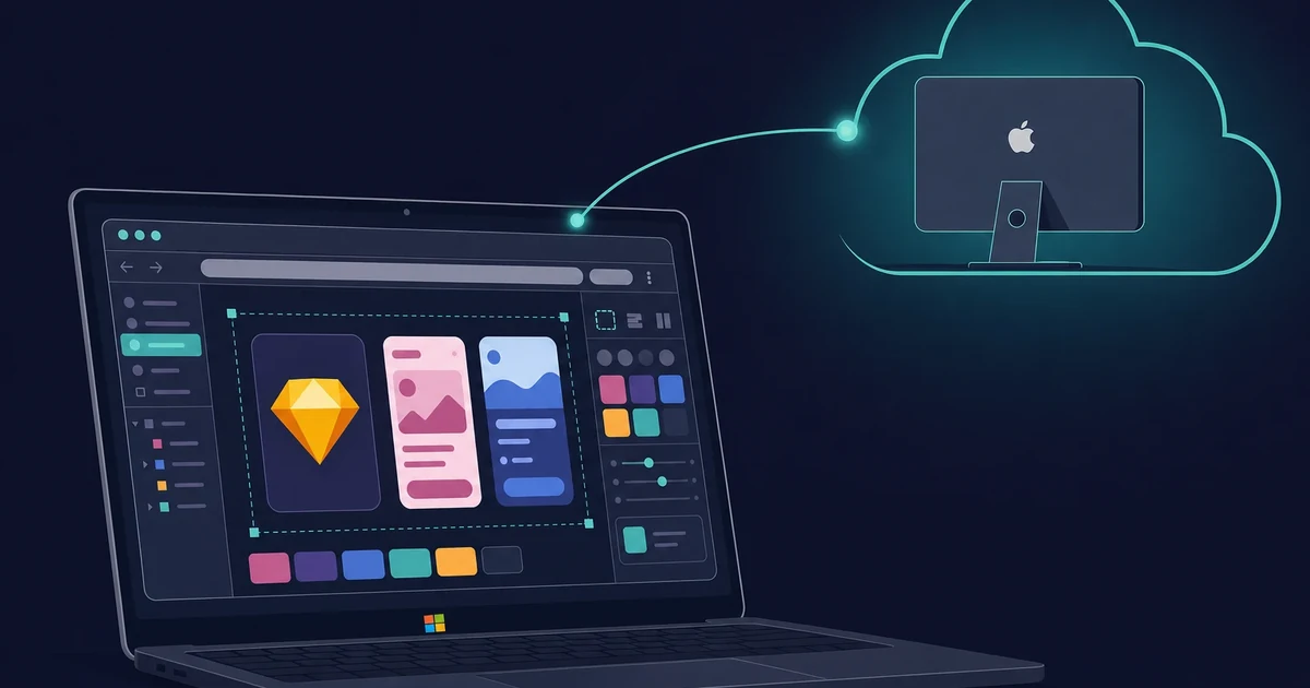 Sketch design open in a browser on a Windows laptop, linked to a cloud Mac