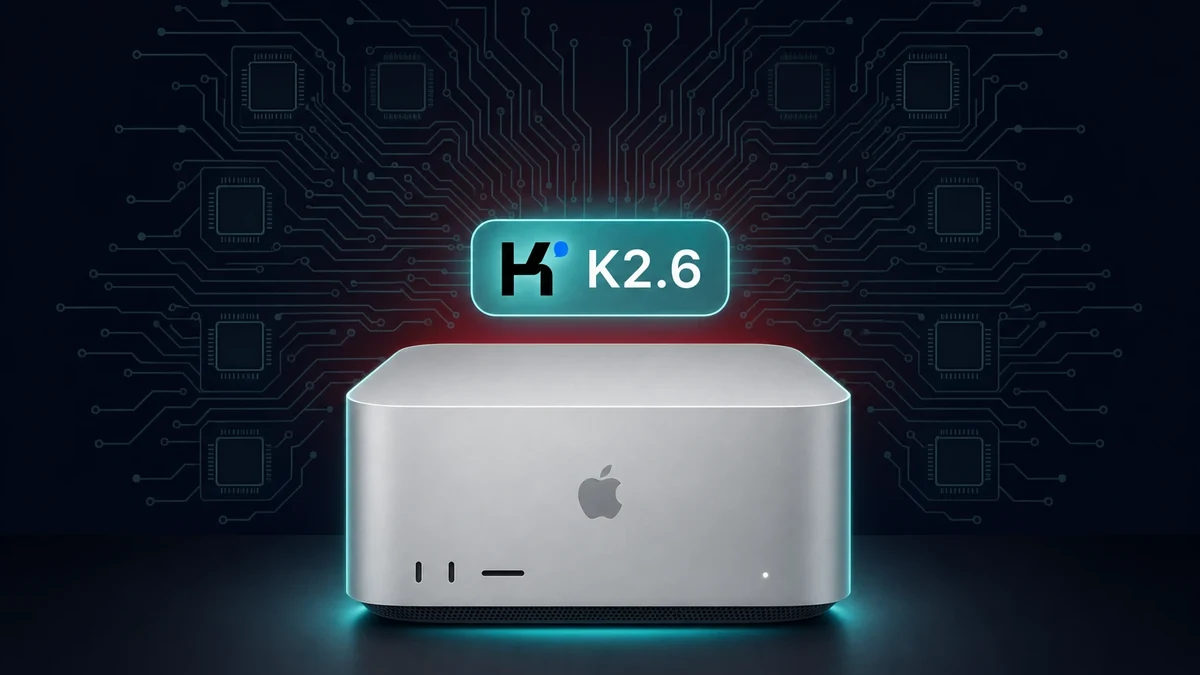 Silver Mac Studio running Kimi K2.6 with a glowing K2.6 badge and circuit-board backdrop
