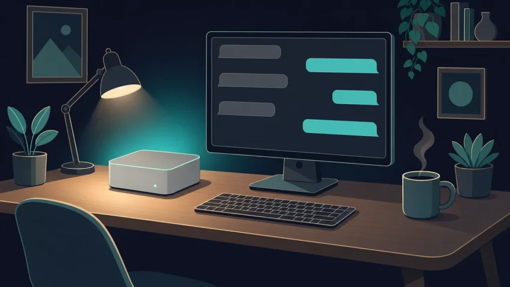 Local LLM chat on a Mac mini and monitor at a tidy home desk