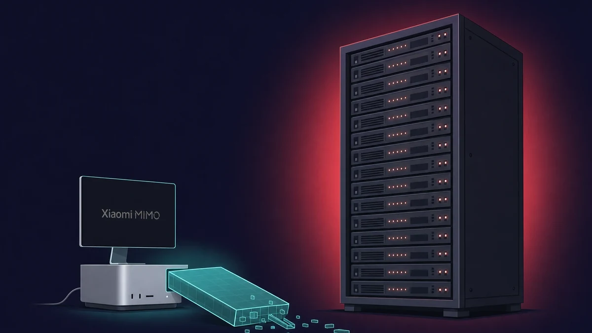 A small Mac dwarfed by a giant server rack as a MiMo model file spills off its edge