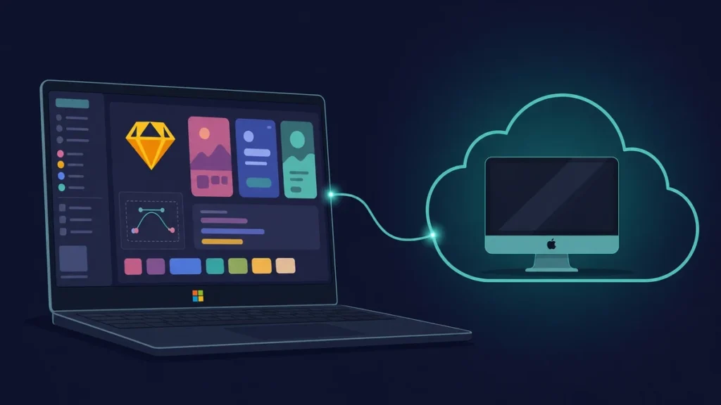 Sketch design canvas on a Windows laptop connected to a Mac in the cloud