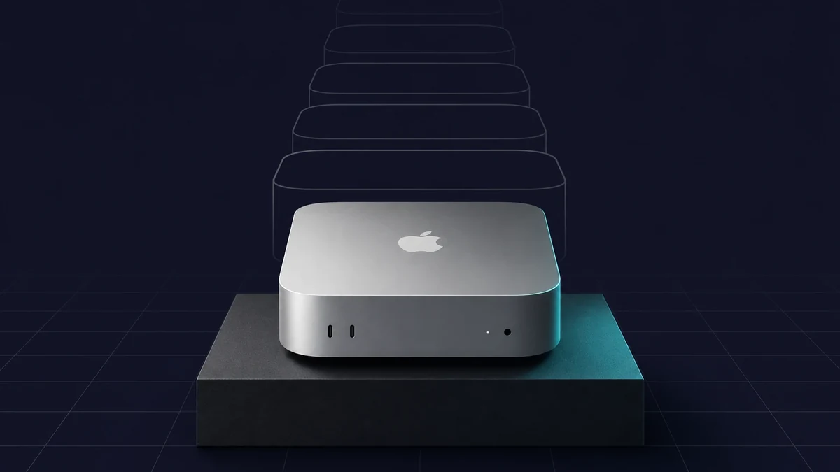 Silver Mac mini with the Apple logo on a dark plinth, five outline generations receding behind