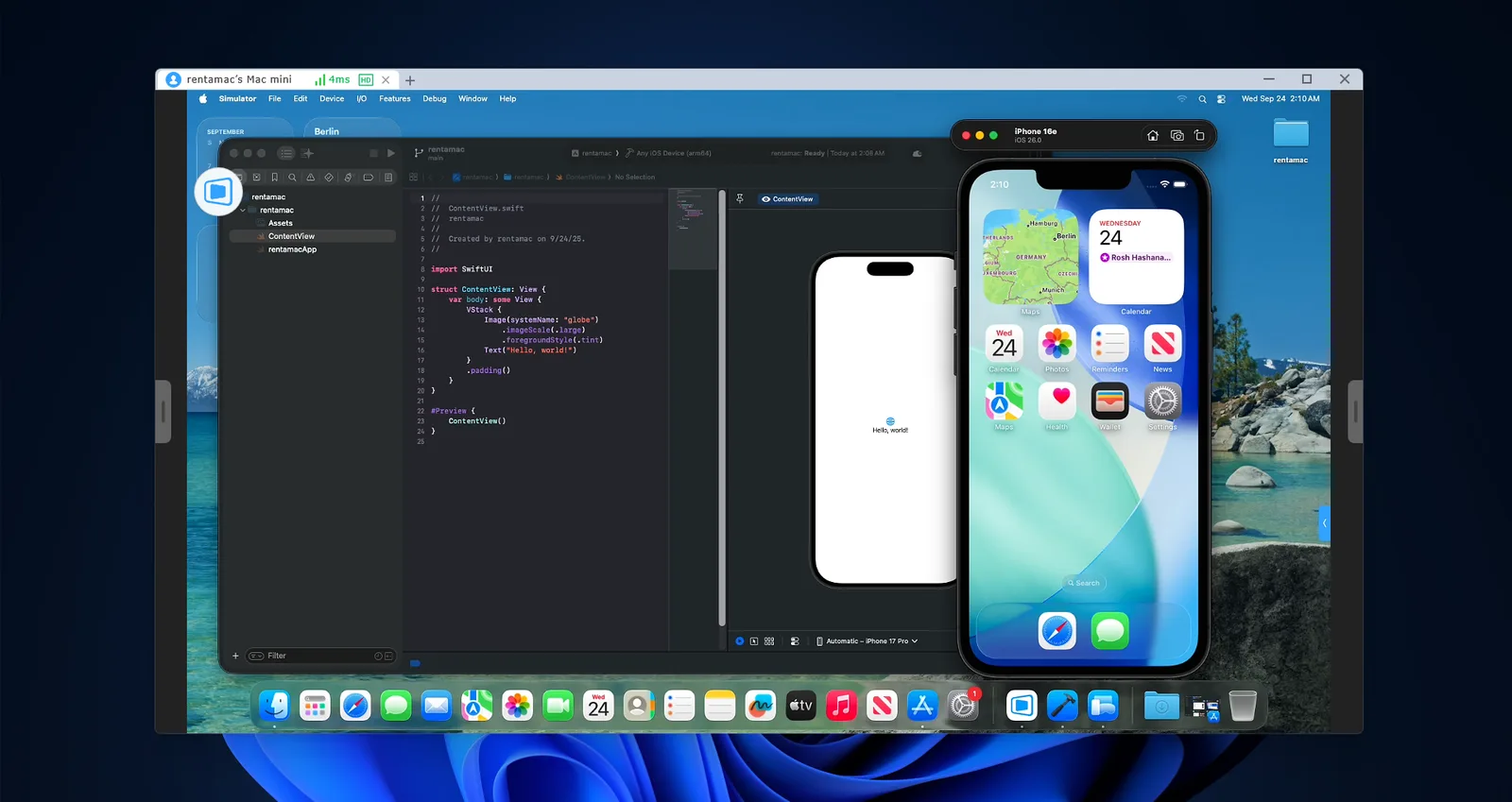 Xcode and iOS Simulator running on a dedicated Mac mini M4, accessed from Windows via remote desktop