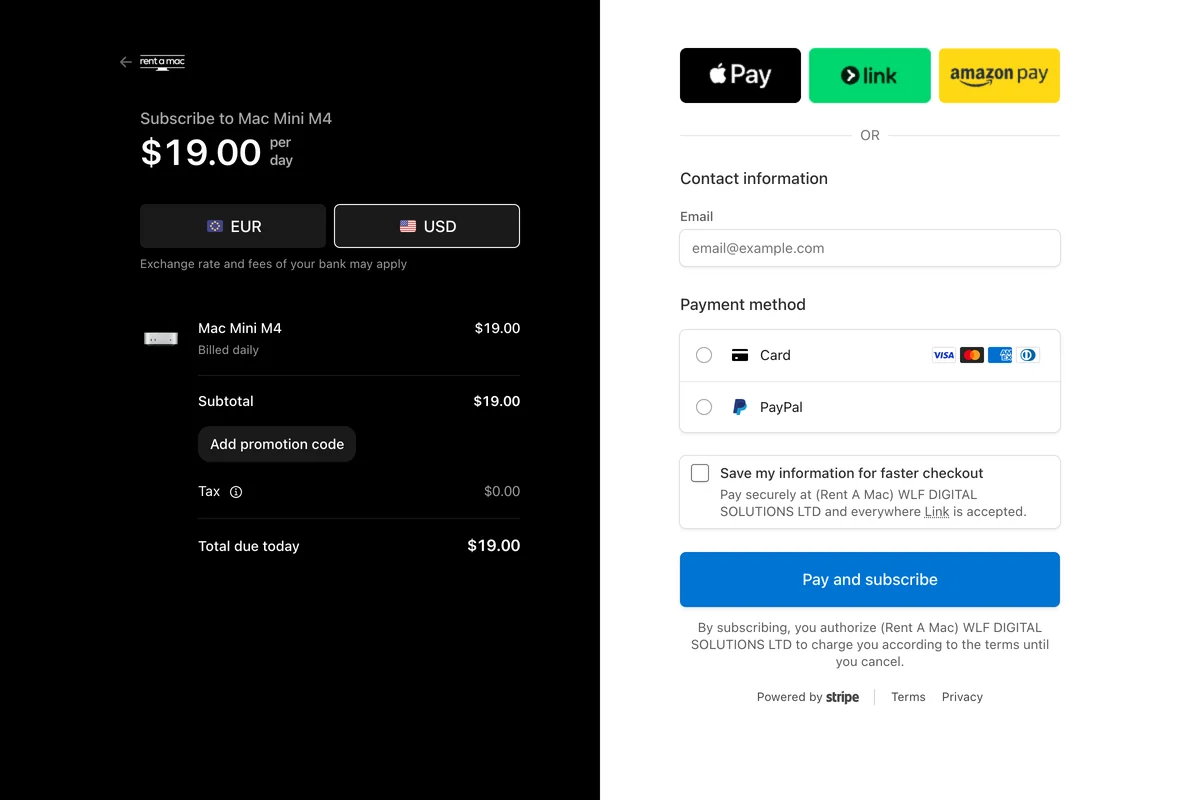 Rentamac.io checkout page for a Mac Mini M4 subscription at $19 per day, with card and PayPal payment via Stripe